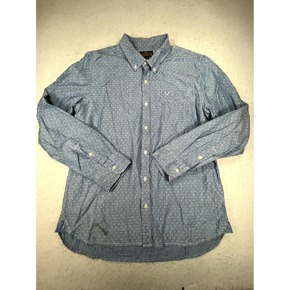 True Religion Shirt Mens XL Blue Chambray Cotton Geometric Back Box Button Down